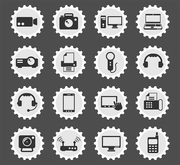 Gadget symbols on a round postage stamp stylized icons