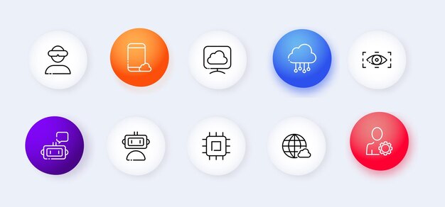 Gadgets neomorphic line icons set Neomorphism VR glasses smartphone cloud storagecomputer focus assistant robot processor internet user Technology concept Vector neomorphic line icons set