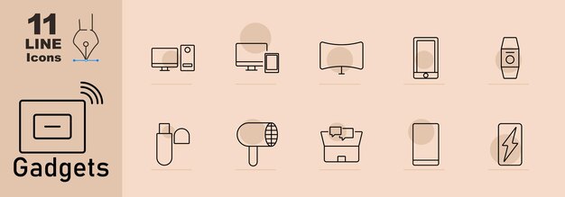 Gadgets set icon Computer desktop met tablet gebogen monitor smartphone smartwatch USB-drive haardroger VR-headset draadloos signaal powerbank