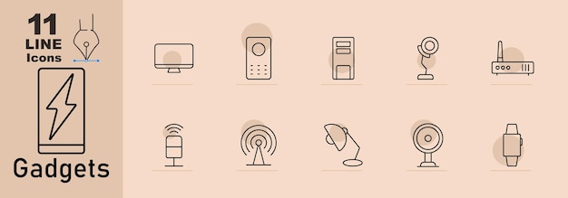 Gadgets set icon Desktop afstandsbediening toren computer webcam router draadloze luidspreker WiFi bureau lamp beveiligingscamera smartwatch