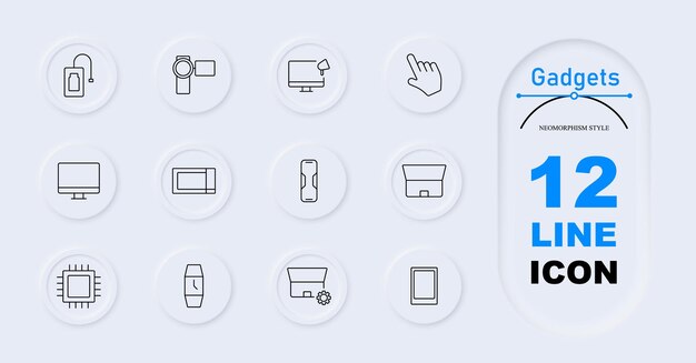 Gadgets set icon Webcam microfoon luidspreker floppy disk bestand map chat bubbels mobiele sync router printer radio communicatie apparaten tech accessoires elektronica