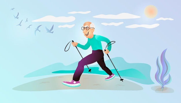 신선한 공기 위를 지팡이를 짚고 빠르게 걷는 개퍼 노인을 위한 노르딕 워킹 건강을 위한 스포츠