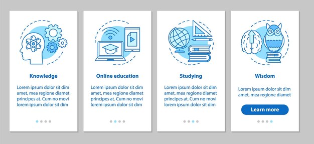 Gaining knowledge onboarding mobile app page screen with linear concepts. studying process. education steps graphic instructions. ux, ui, gui vector template with illustrations