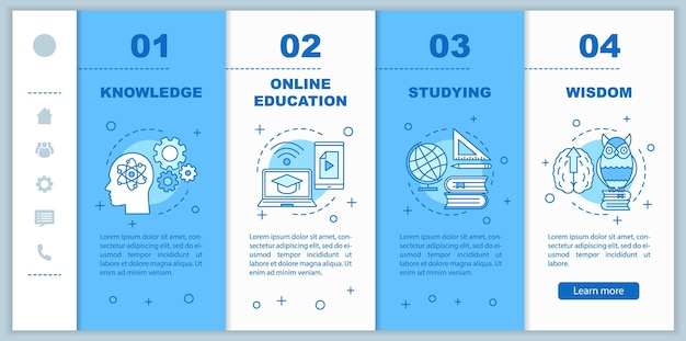 Acquisire conoscenze sul modello vettoriale delle pagine web mobili acquisire conoscenze interfaccia del sito web per smartphone reattiva con illustrazioni lineari schermate dei passaggi della procedura dettagliata della pagina web concetto di colore