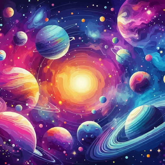 Vector galaxy background with colorful planets bright colorful vector illustration