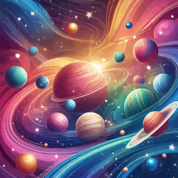 Vector galaxy background with colorful planets bright colorful vector illustration