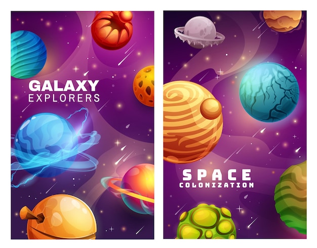 Galaxy en ruimte kolonisatie, cartoon planeten en sterren vector posters. Buitenaards universum met vallende kometen en stralende sterren. Fantastische kosmische game-ui-interface, avontuur voor ontdekkingsreizigers van sterrenstelsels