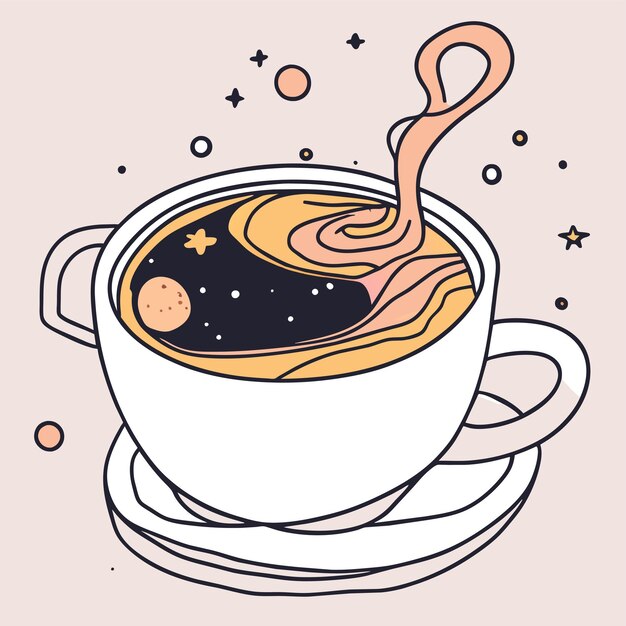 Galassia all'interno di una tazza di tè illustrazione isolata concetto dell'icona dell'autoadesivo del fumetto disegnato a mano