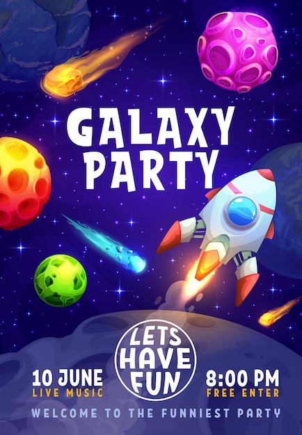 Vector galaxy party flyer cartoon space rocket universe