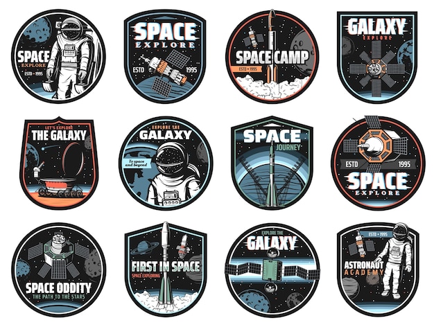 Vector galaxy, space, astronaut and rocket icons