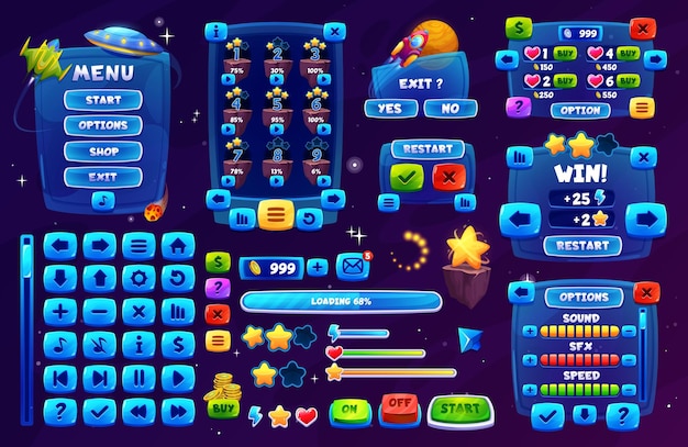 Vector galaxy space game interface ui game buttons set