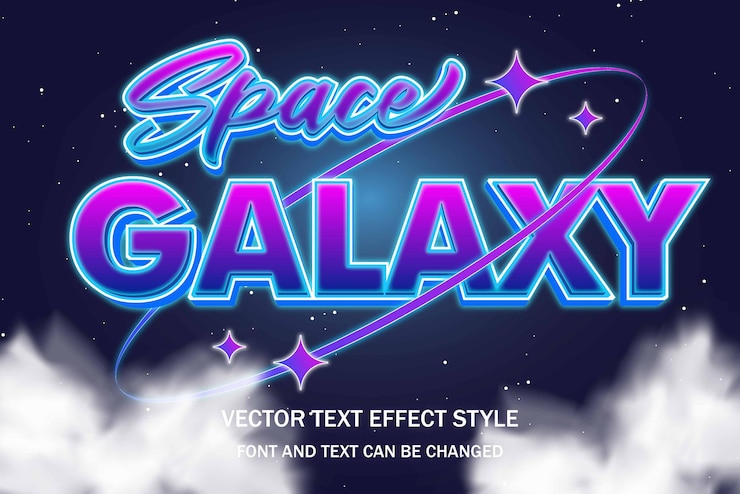 Vector galaxy space planet purple night sky sparkling stars editable text effect font style template design