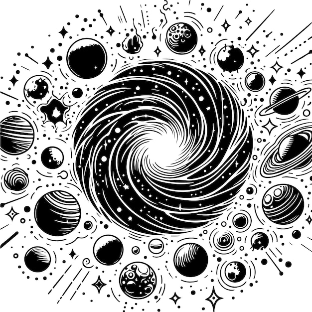 Vettore illustrazione del contorno nero vettoriale delle stelle e dei pianeti della galassia