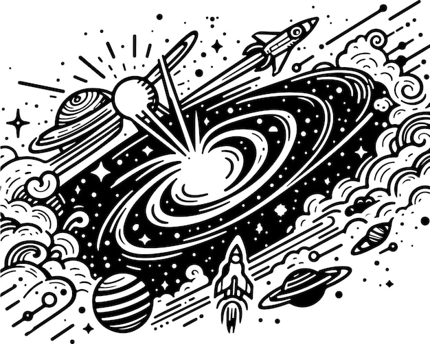 Galaxy stars and planets vector black outline illustration