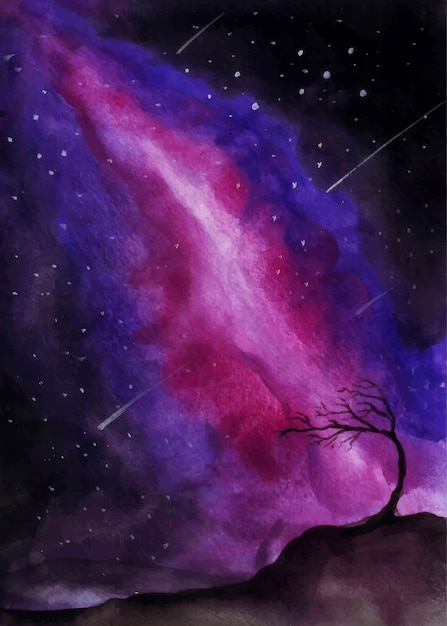 Vector galaxy themed watercolor painting with shooting stars.
