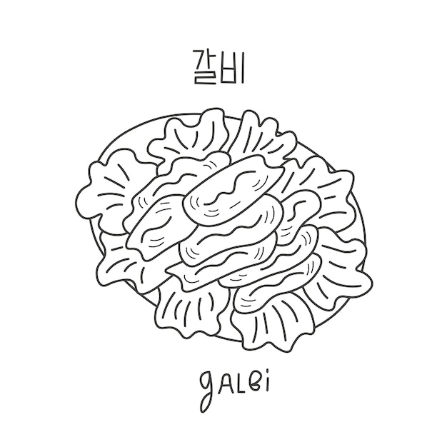 Vettore galbi popolare cibo coreano con iscrizione doodle
