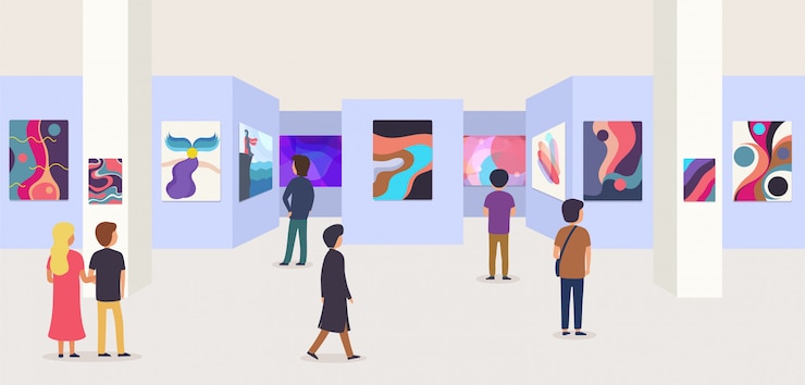 Vector gallery modern art with visitors. abstract paintings hanging on wall in  exhibition or museum room.