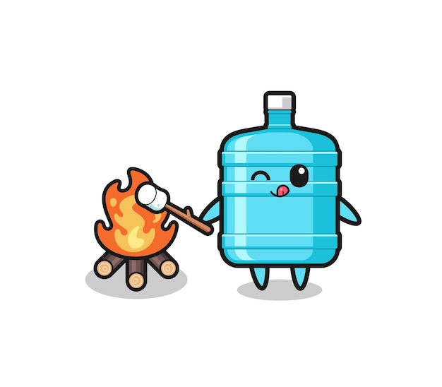 Vector gallon water bottle character is burning marshmallow