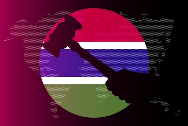 Bandiera della gambia con legge sul concetto di corruzione del martelletto del giudice o banner di notizie sui risultati legali