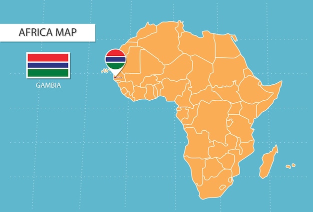 아프리카의 감비아 지도, 감비아 위치와 깃발을 보여주는 아이콘.