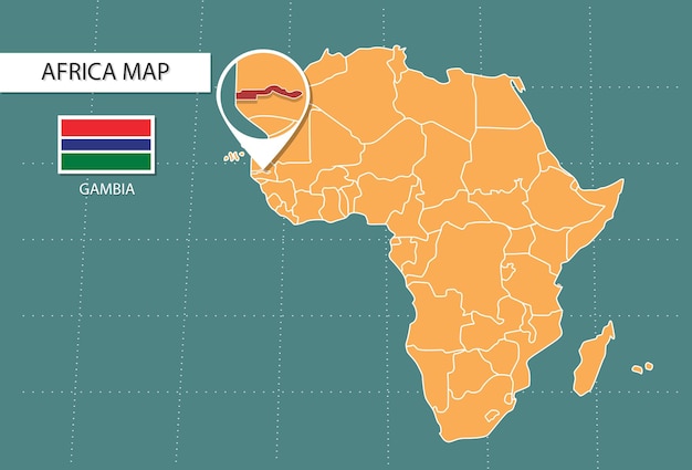 Mappa della gambia in africa icone della versione zoom che mostrano la posizione e le bandiere della gambia