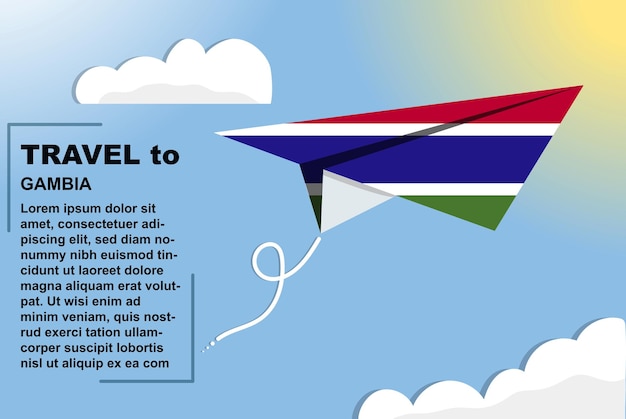 Gambia reizen vector banner met papieren vlag en tekst ruimte vlag op papier vliegtuig vakantie concept