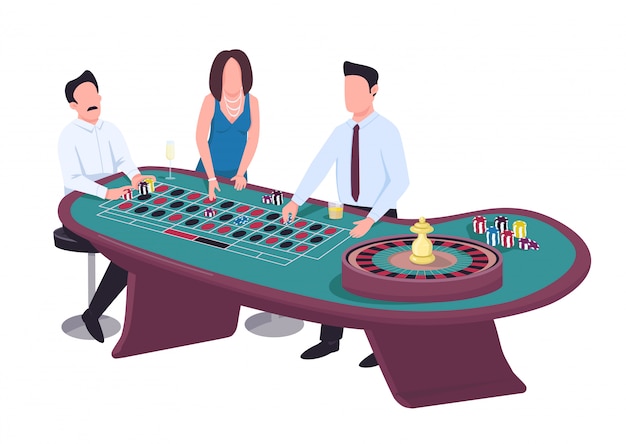 Gambler flat color vector faceless characters. man put bet on red. woman stake on black. male gambler with chips. people play gamble at roulette table. casino isolated cartoon illustration