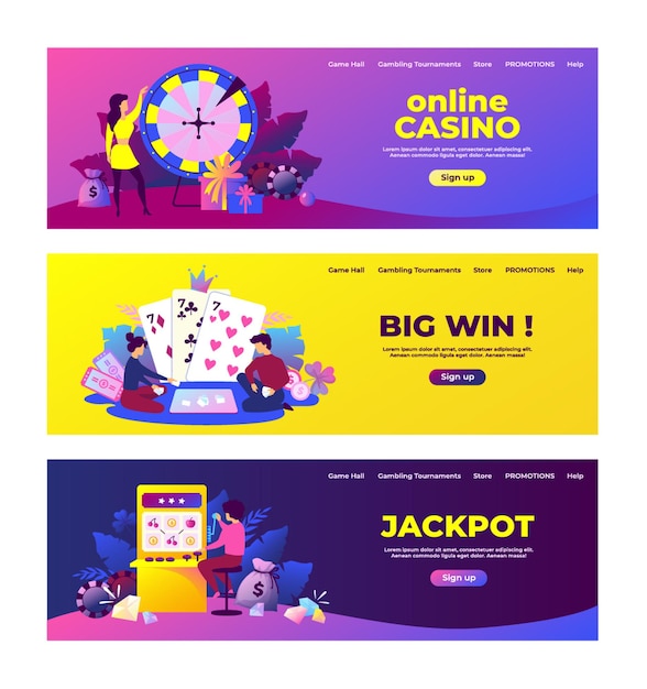 Banner di gioco d'azzardo. macchina da gioco della lotteria e del bingo e concetto di premi vincenti con personaggi dei cartoni animati felici. insieme di vettore banner lotto sito web illustrazione