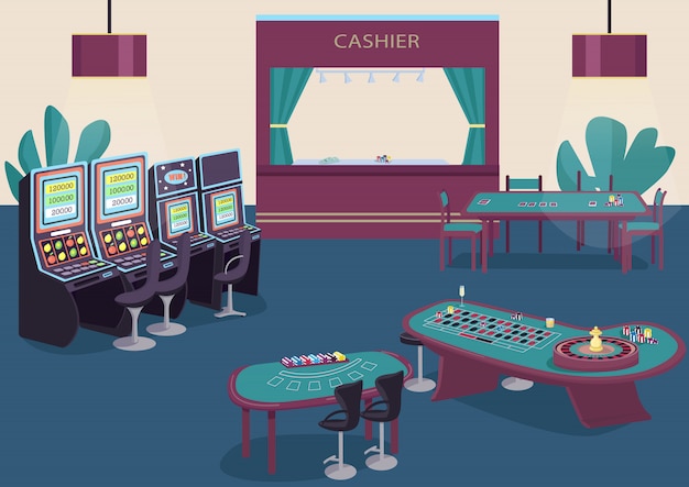 Illustrazione a colori di gioco. fila di slot machine e frutta. tavolo verde per giocare a poker. banco da gioco del blackjack. interno del fumetto della stanza del casinò con il contatore di cassiere su fondo