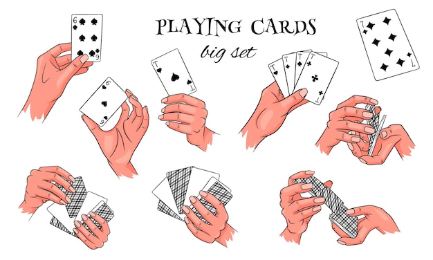 Gioco d'azzardo. carte da gioco in mano. casinò, fortuna, fortuna. grande insieme. stile cartone animato. illustrazione vettoriale per design e decorazione.