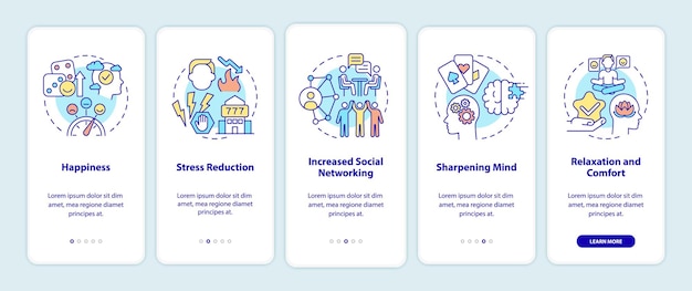 Gambling positive traits onboarding mobile app screen. Entertainment walkthrough 5 steps graphic instructions pages with linear concepts. UI, UX, GUI template. Myriad Pro-Bold, Regular fonts used