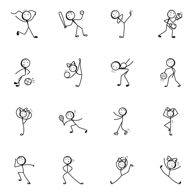 Vector game activities sketchy stick figure icons