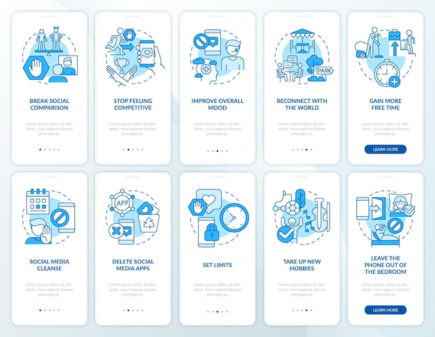 게임 및 소셜 네트워크 중독 블루 온보딩 모바일 앱 화면 세트