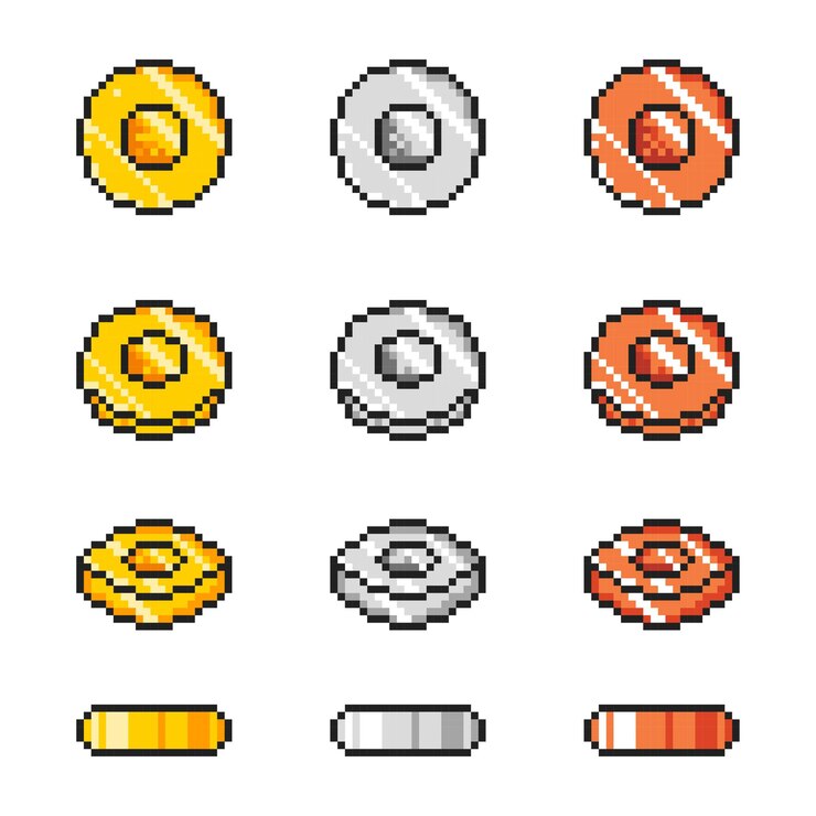 Premium Vector | Game art vector illustration pixel coins set