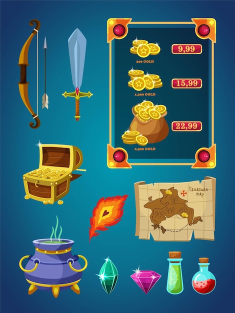 Game artifact item isolated set on blue background bow arrow sword weapon different money coin reward score treasure paper map feather potion in flask and in boiled pot