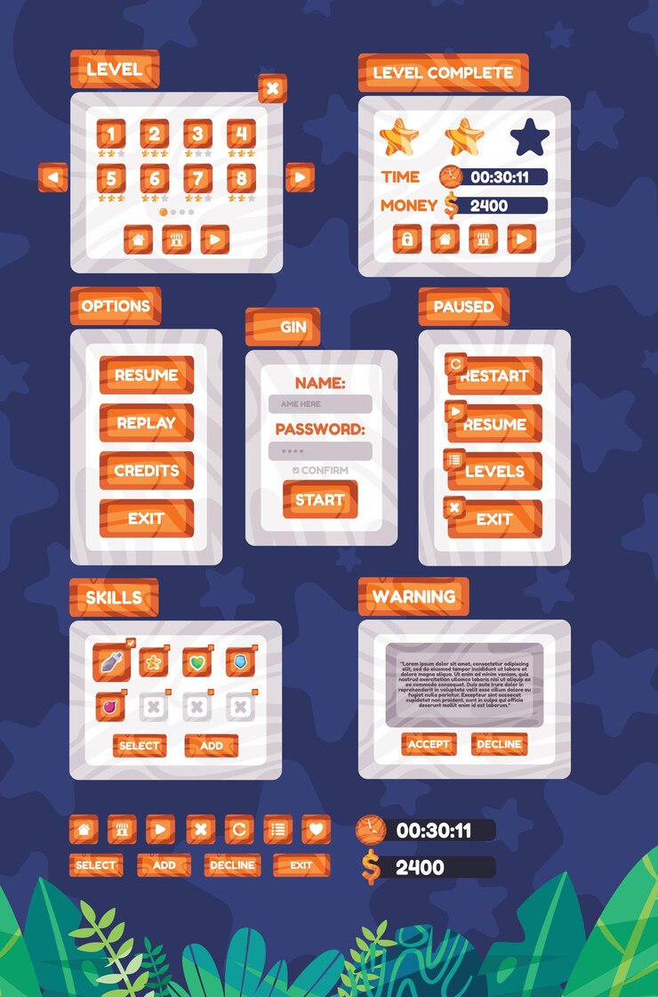 Vector game assets collection set elements graphic window icon of login page dollar time score board