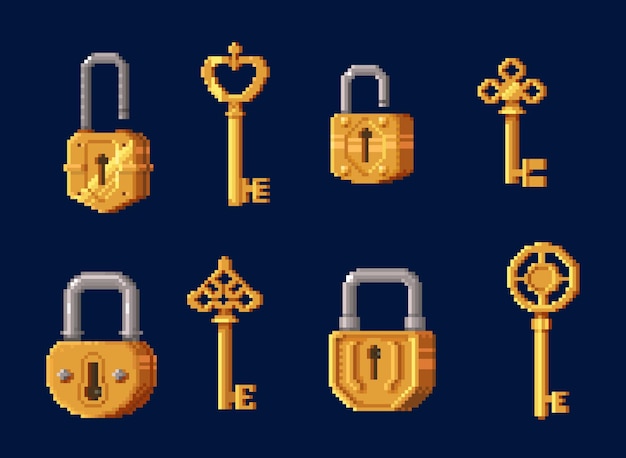 Game assets golden keys padlocks 8bit pixel art