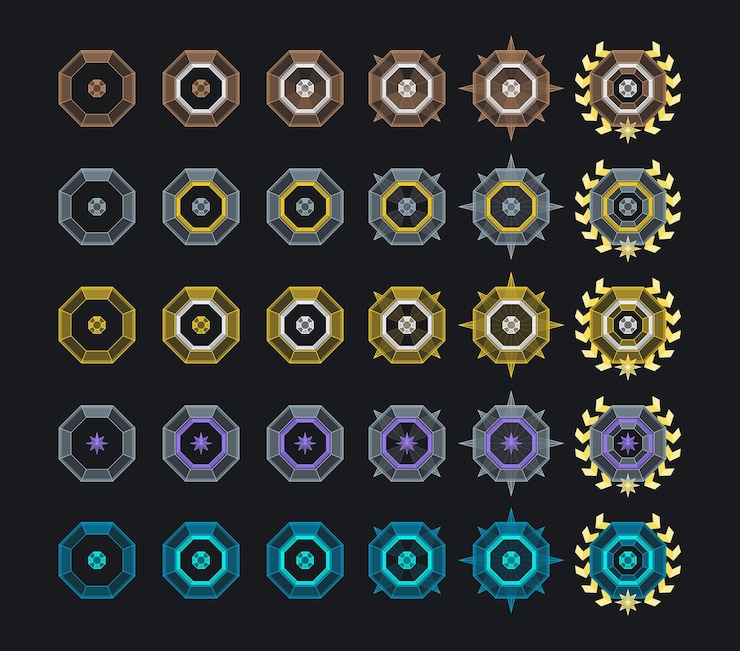 Vector game award badges. ranking system for the gaming industry. shooter, rpg, souls-like, web, mobile.