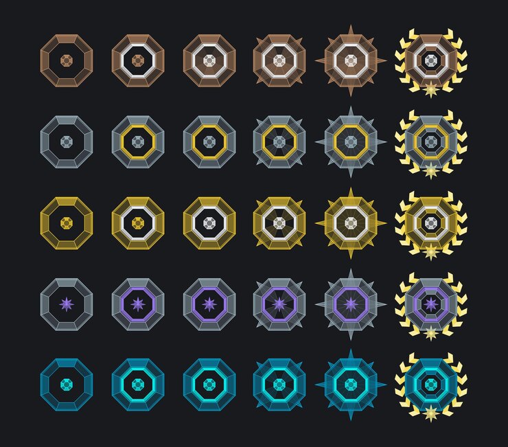 Vector game award badges. ranking system for the gaming industry. shooter, rpg, souls-like, web, mobile.