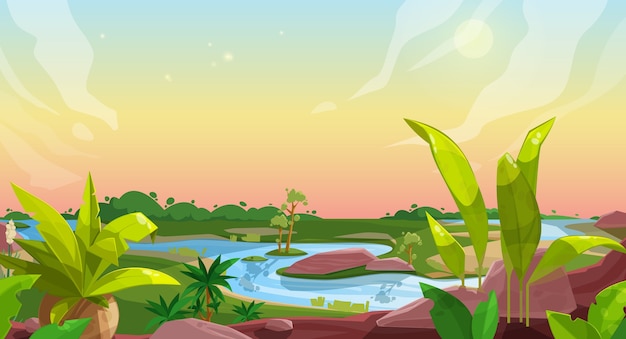 Vector game background of cartoon nature landscape