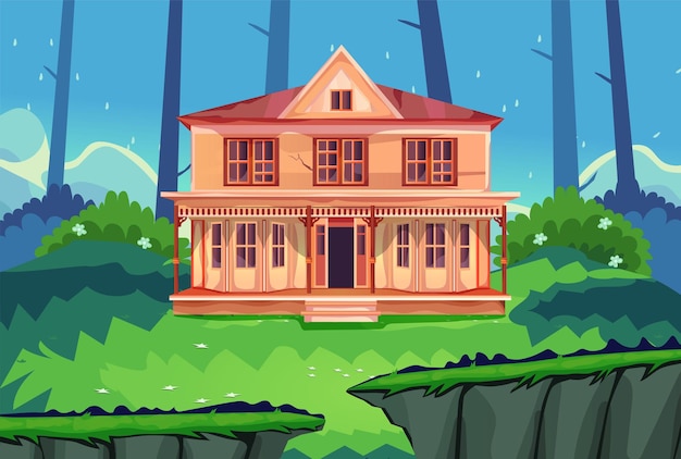 Игра фон мультфильм вектор, дом в лесу