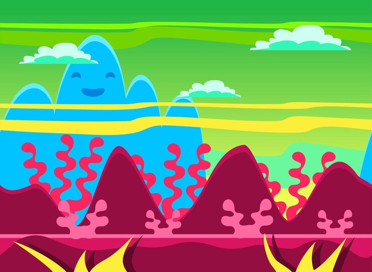 Vector game background and imaginary landscapes in bright colors, vector illustration