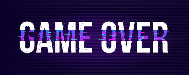 Game over banner for games with glitch effect in pixel style.