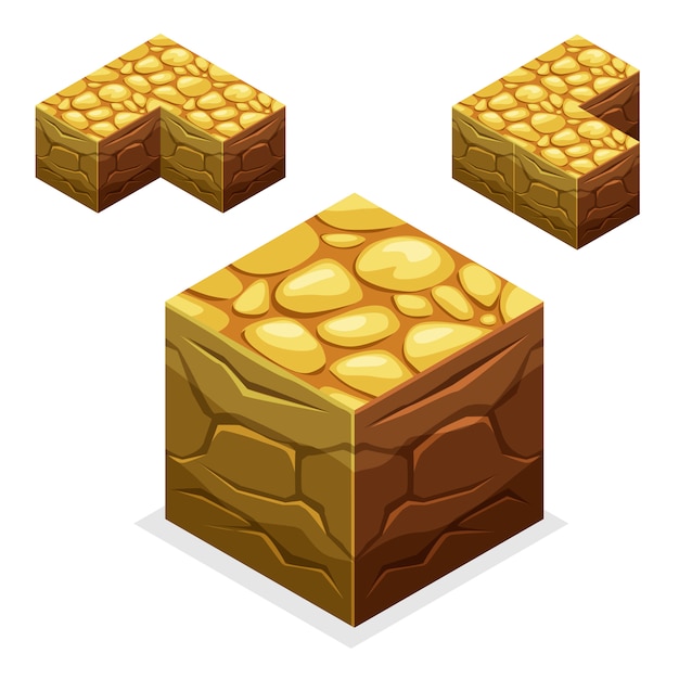 Vector game block isometric cubes, nature unending land and stone