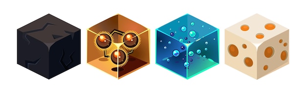 Game Blocks and Cubes of Different Material Vector Set Textured Square Isometric Object