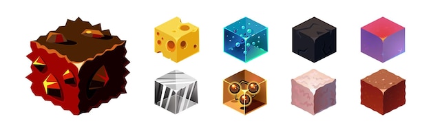 Игровые блоки и кубики из разных материалов Векторный набор Текстурированный квадратный изометрический объект