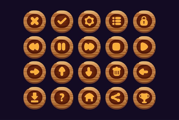 Game buttons of wooden and gold texture cartoon menu interface elements