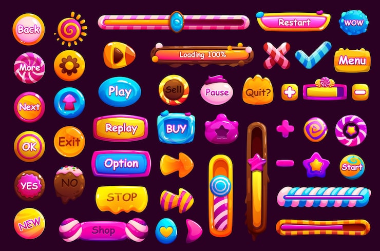 Vector 게임 캔디 인터페이스 버튼, 창 프레임 및 로딩 바 슬라이더 메뉴 옵션 패널 ui 및 gui 요소 격리된 벡터 2d 사용자 메뉴 디자인 요소 세트 광택 막대사탕 토피 및 봉봉
