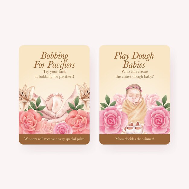 Game card  template with newborn baby concept,watercolor style