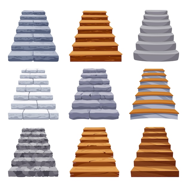 Vector game castle stairs in cartoon style medieval ancient ladder flights without railings wood or marble step treads and rock risers with cracked detailsvector staircase isolated on white background